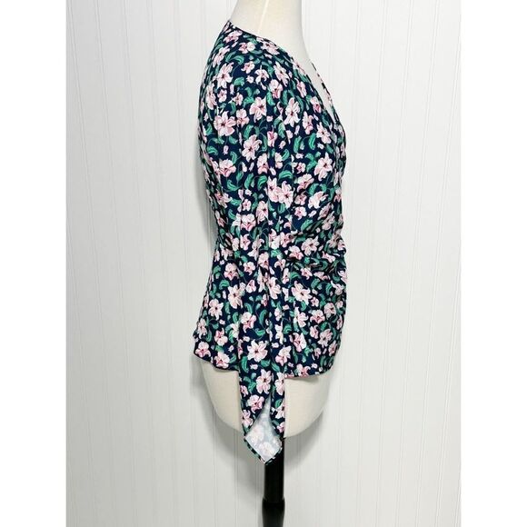 Betabrand Women's Floral Wrap Side Tie Bell‎ Sleeve Blouse Navy Pink Size Large - Picture 4 of 11